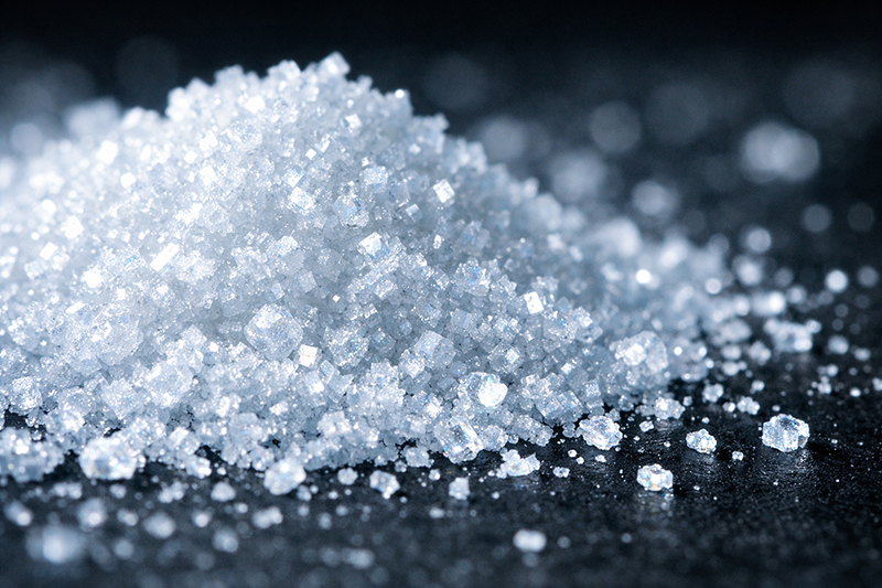 High-purity lanthanum fluoride (LaF3) white crystalline powder macro photography, rare earth material for optical coatings and metallurgy