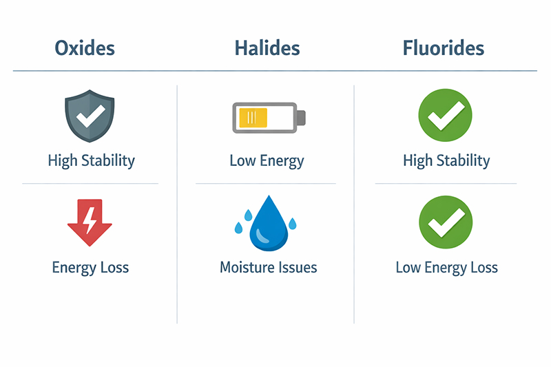 Comparison infographic showing advantages of fluorides over oxides and halides for optical applications: better balance of low phonon energy and chemical stability Comparison infographic showing advantages of fluorides over oxides and halides for optical applications: better balance of low phonon energy and chemical stability