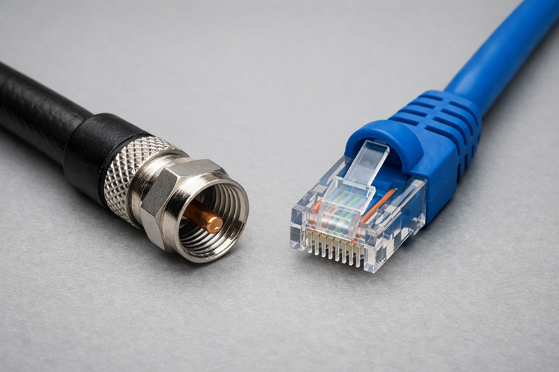 Coaxial cable with screw connector and Ethernet cable with RJ45 connector side by side, showing physical differences Coaxial cable with screw connector and Ethernet cable with RJ45 connector side by side, showing physical differences