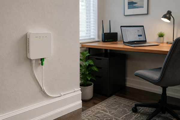 fiber-optic cable being installed near a modern home office setup