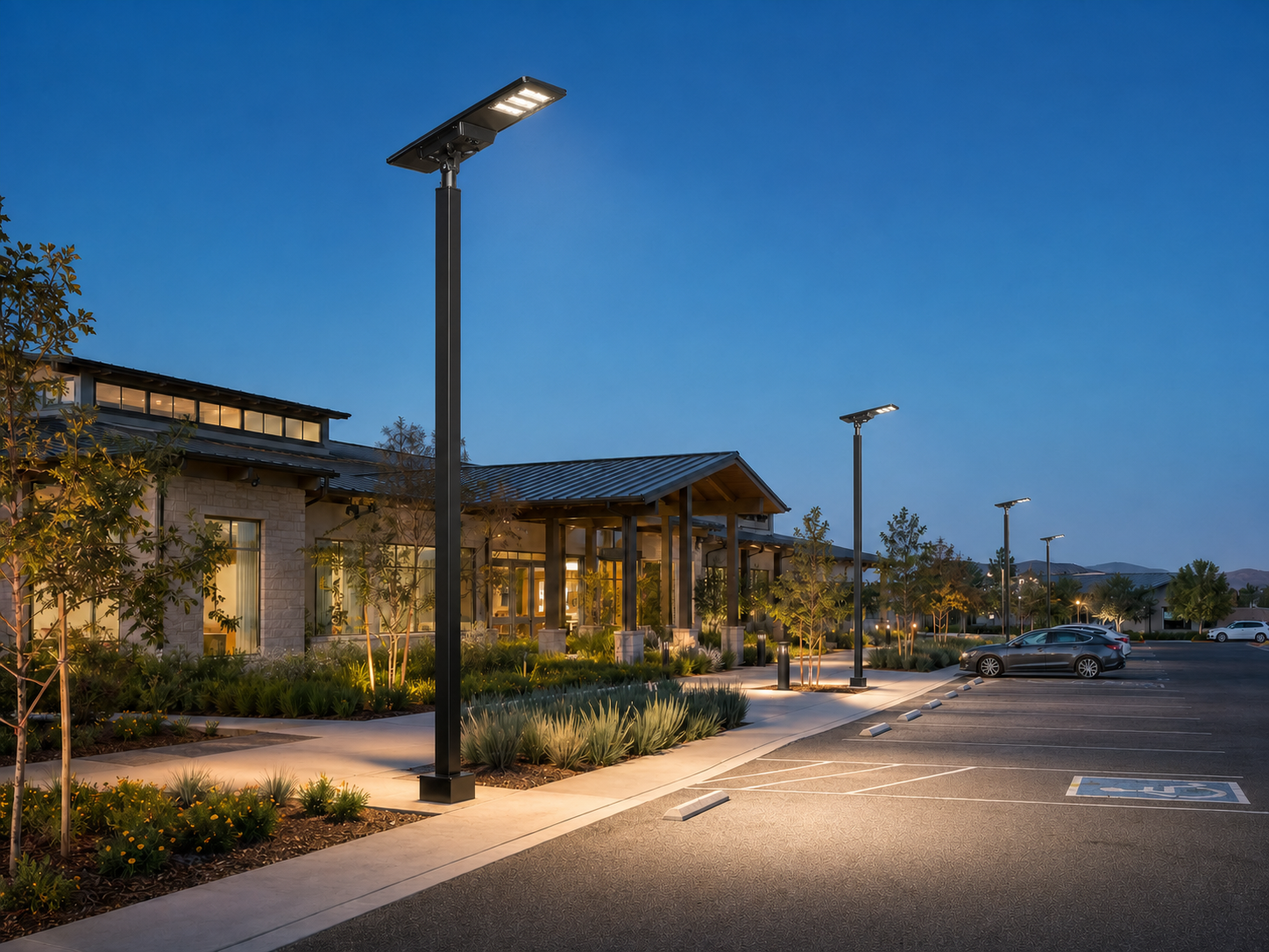 Solar bollard and pole lighting illuminating a commercial walkway at night