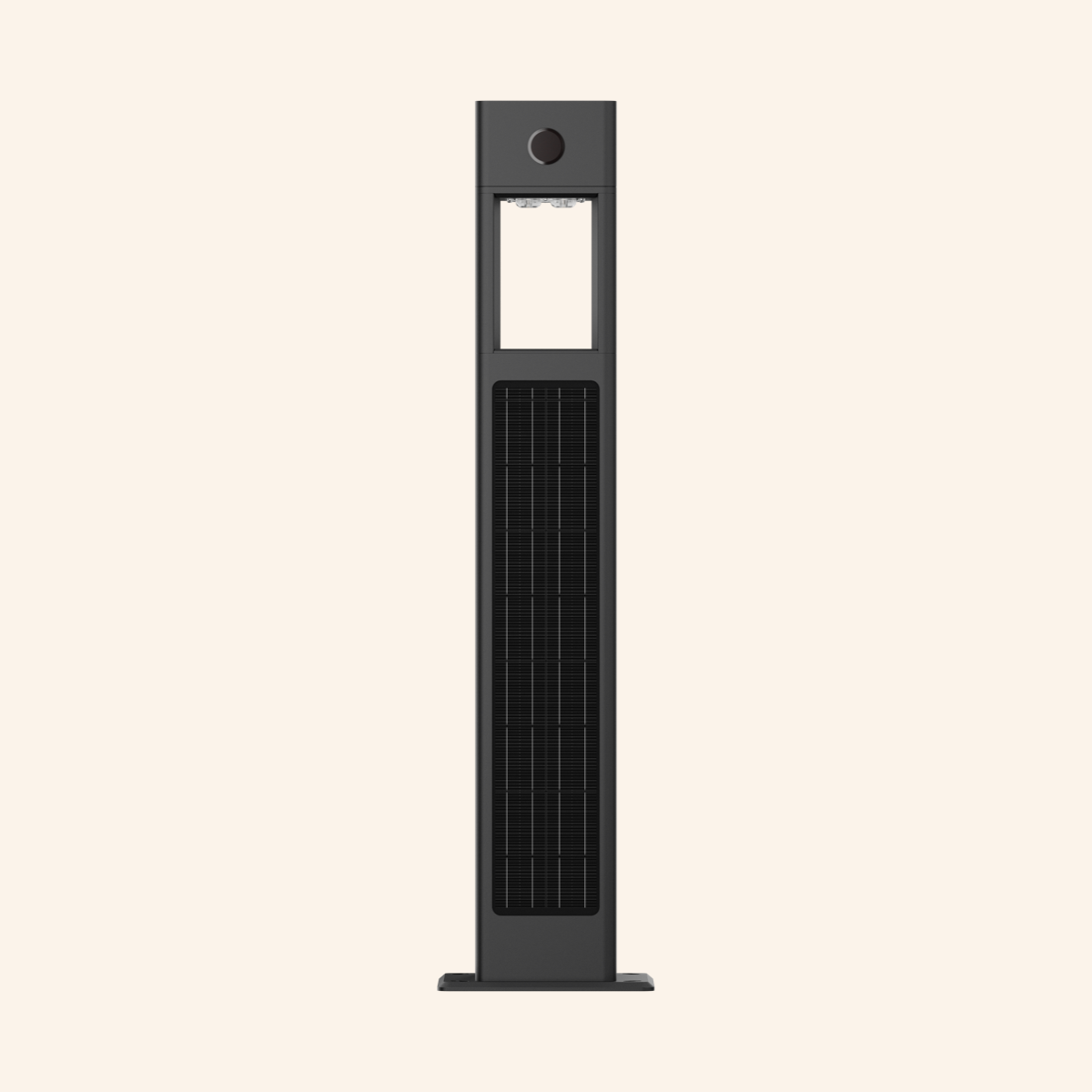 Estara architectural solar bollard in Black RAL 9005, front view